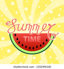 Vector Lettering Vacation Text with Part of Watermelon on Yellow Swirl Starry Backgground. Hand Sketched Aloha Typography Sign for Badge, Icon, Banner, Tag, Illustration, Postcard Poster