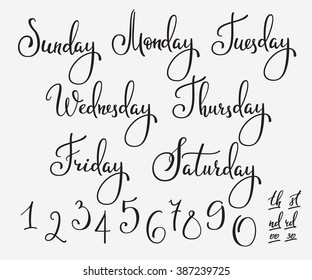 Vector Lettering Week Days Set. Cute Agenda Calendar Typography. Calligraphy Postcard Poster Flyer Advertising Photo Graphic Design Element. Hand Written Sign. Photography Overlay. Date Generator.