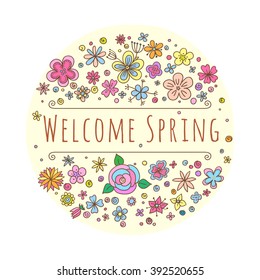 Vector lettering Welcome Spring with decorative flower and leaf elements on white and beige background, hand drawn flowers and leaves for greeting card, invitation and web design. Vector Illustration.