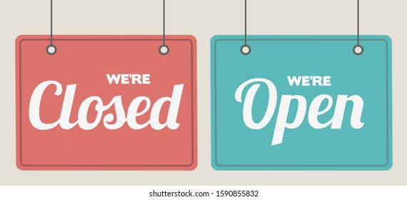Vector lettering we're open closed for a door sign. Vector typography in vintage grunge style. 3d letters with bevel.