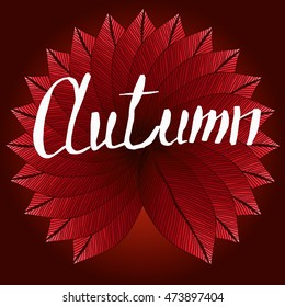 Vector lettering - word autumn on leaves red background.