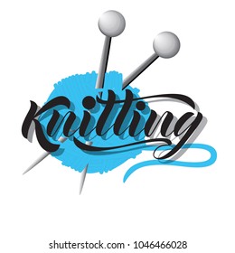 Vector lettering of the word Knitting. Modern calligraphy. Template of logotype of yarn store, label, icon, tag,  banner. Calligraphy background. Inscription for packing product to store, for journal.