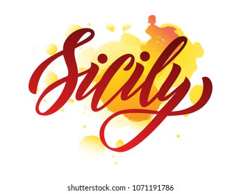 Vector lettering of  word Sicily. Modern calligraphy. As template of logotype, label, icon, tag,  banner. Inscription for packing product to store, for journal, flyer.