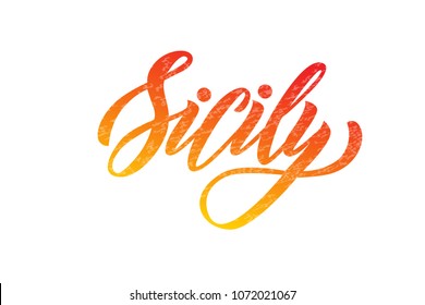 Vector lettering of  word Sicily. Modern calligraphy. As template of logotype, label, icon, tag,  banner. Inscription for packing product to store, for journal, flyer.
