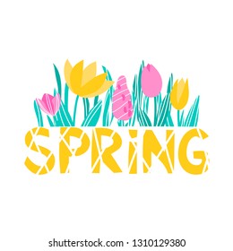 vector lettering word spring cute funny childish tulip crocus simple on white