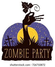 Vector lettering for Zombie party with zombie hand and pumpkin leaf on the moonlit night cemetery. Halloween inscription for banner, poster, greeting card, party invitation, icon.