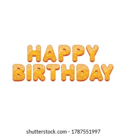 Cartas vectoriales/tipografía. Feliz texto de cumpleaños en forma de galleta con brillante mermelada en el fondo blanco. Elemento de diseño para celebración, tarjetas de felicitación, afiche, banner o impresión.