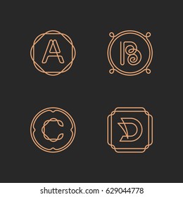 Vector letters A, B, C, D logo design template set. Alphabet label sign for branding and identity. Linear lettering emblem with ornamental frame. Type character symbol illustration with line art