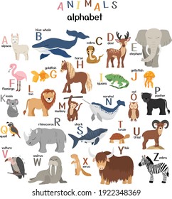 Vector letters of the alphabet with cute animals for kids education. Hand drawn style characters and latin letters. 