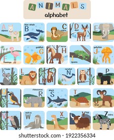 Vector letters of the alphabet with cute animals for kids education. Hand drawn style characters and latin letters. 