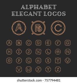 Vector letters A-Z logo design template set. ABC Alphabet label sign for branding and identity. Linear lettering font emblem with ornament frame. Type character symbol illustration with line art