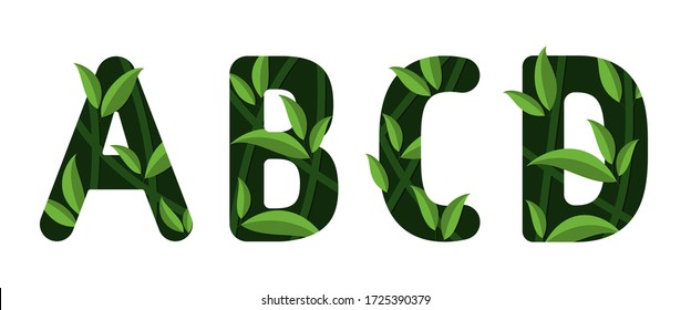 Vector letters A B C D of the alphabet. Leaf design.