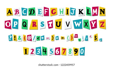 Vector letters cut paper from newspaper or magazines. Alphabet with capital letters, numbers, punctuation mark. Collage font print design