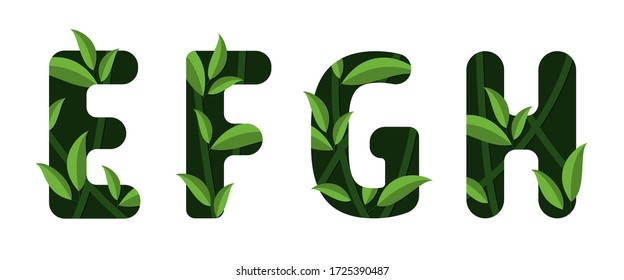 Vector letters E F G H of the alphabet. Leaf design.