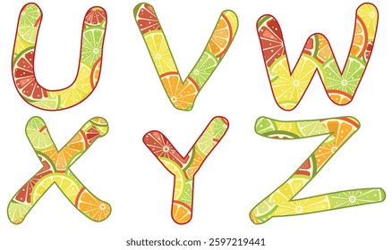 Vector letters of the English alphabet with colorful hand drawn citrus fruit illustration isolated on transparent background