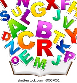 Vector letters flying out of book - back to school illustration