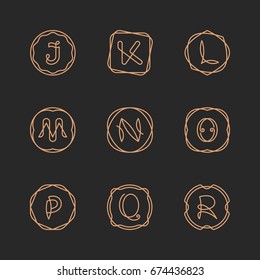 Vector letters J, K, L, M, N, O, P, Q, R logo design template set. Alphabet label sign for branding and identity. Linear lettering emblem in ornamental frame. Type character illustration with line art