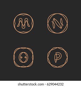 Vector letters M, N, O, P logo design template set. Alphabet label sign for branding and identity. Linear lettering emblem with ornamental frame. Type character symbol illustration with line art