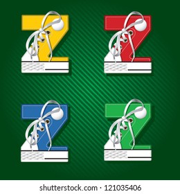 Vector letters and numbers in form of sport footwear in yellow color on stripped background
