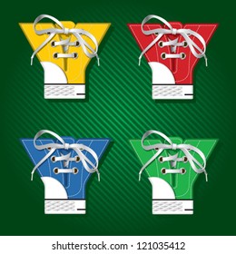 Vector letters and numbers in form of sport footwear in yellow color on stripped background