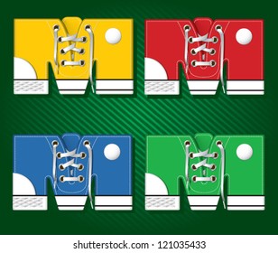 Vector letters and numbers in form of sport footwear in 4 different colors on stripped background