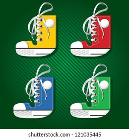 Vector letters and numbers in form of sport footwear in yellow color on stripped background