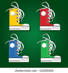Vector letters and numbers in form of sport footwear in yellow color on stripped background