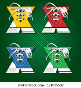 Vector letters and numbers in form of sport footwear in yellow color on stripped background