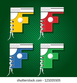 Vector letters and numbers in form of sport footwear in yellow color on stripped background