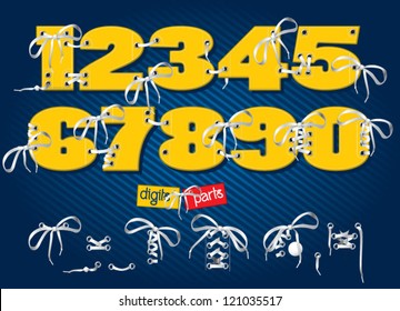 Vector letters and numbers in form of sport footwear in yellow color on stripped background