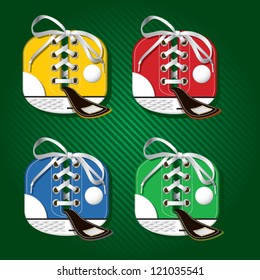Vector letters and numbers in form of sport footwear in yellow color on stripped background