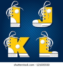 Vector letters and numbers in form of sport footwear in yellow color on stripped background