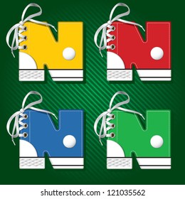 Vector letters and numbers in form of sport footwear in yellow color on stripped background