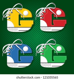 Vector letters and numbers in form of sport footwear in yellow color on stripped background