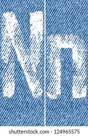 Vector letters and numbers written by white paint on denim background. Backgrounds seamlessly connected in line.