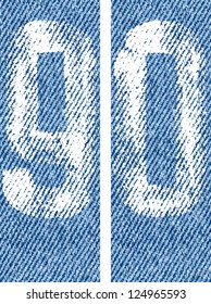 Vector letters and numbers written by white paint on denim background. Backgrounds seamlessly connected in line.