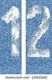 Vector letters and numbers written by white paint on denim background. Backgrounds seamlessly connected in line.
