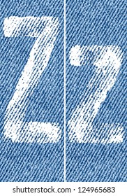 Vector letters and numbers written by white paint on denim background. Backgrounds seamlessly connected in line.
