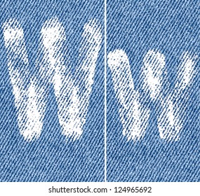 Vector letters and numbers written by white paint on denim background. Backgrounds seamlessly connected in line.