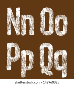 Vector letters and numbers written by white paint on sacking background.