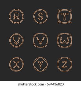 Vector letters R, S, T, U, V, W, X, Y, Z logo design template set. Alphabet label sign for branding and identity. Linear lettering emblem in ornamental frame. Type character illustration with line art