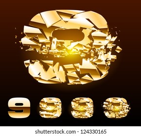 Un conjunto de letras vectoriales de un alfabeto dorado roto. Símbolo 9