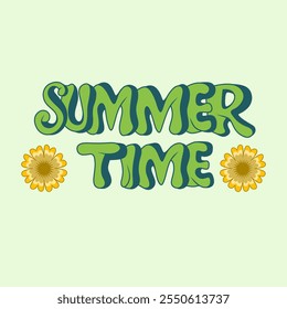 Letras vetoriais soletrando 'Summertime', ladeadas por flores coloridas, criam uma sensação retrô alegre e nostálgica. Ideal para designs com tema de verão e materiais promocionais.