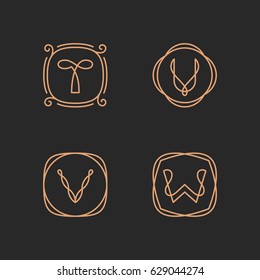 Vector letters T, U, V, W logo design template set. Alphabet label sign for branding and identity. Linear lettering emblem with ornamental frame. Type character symbol illustration with line art