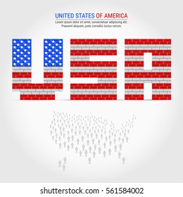 Vector letters USA. Brick Wall in the colors of the American flag. United States People Map. Large group of people in the shape of America or USA map. Background for Presentation with sample text.