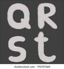 Vector letters from white fur. A set of woolen furry letters for the alphabet. Illustration of isolated QRST