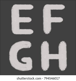 Vector letters from white fur. A set of woolen furry letters for the alphabet. Illustration of isolated EFGH