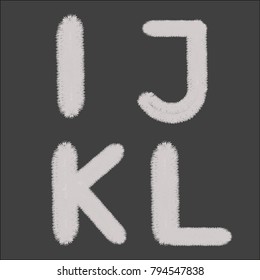 Vector letters from white fur. A set of woolen furry letters for the alphabet. Illustration of isolated IJKL