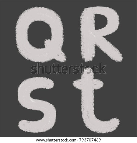 Vector letters from white fur. A set of woolen furry letters for the alphabet. Illustration of isolated QRST