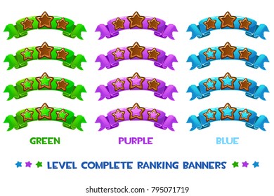 Vector Level complete ranking banners with wood stars on colored ribbon